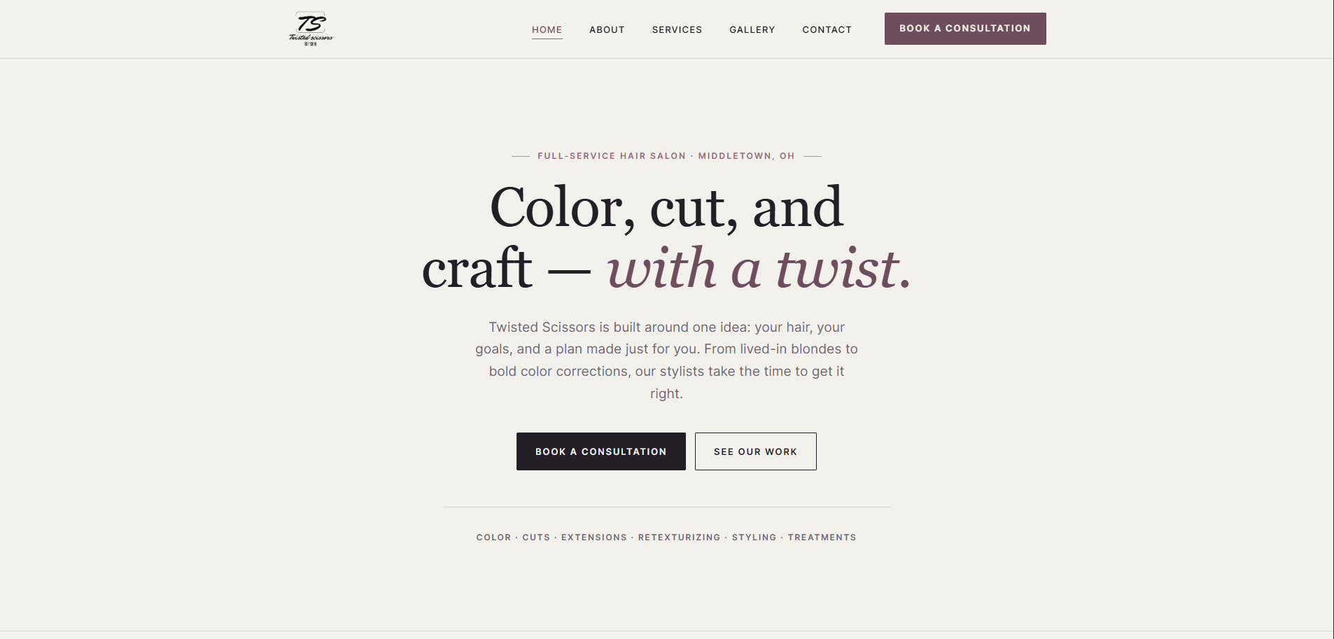 Twisted Scissors Hair Salon website homepage screenshot